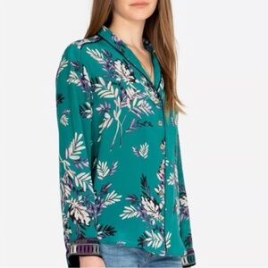 Johnny Was Workshop Silk Teal Button Down Blouse